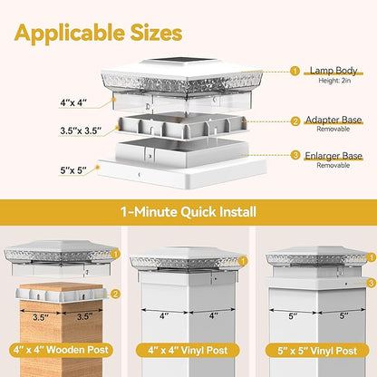 Solar Post Cap Lights, 16-Pack Upgraded Outdoor Deck Fence Post Solar Lights for 4x4 5x5 Wood/Vinyl Posts, IP65 Waterproof, 10-12 Hours Warm/Cool White Glow for Garden/Patio/Porch - White