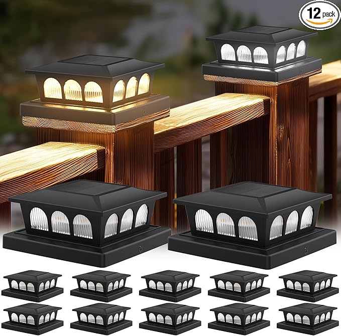 12-Pack Warm White Solar Yard Post Lights, Outdoor LED Caps