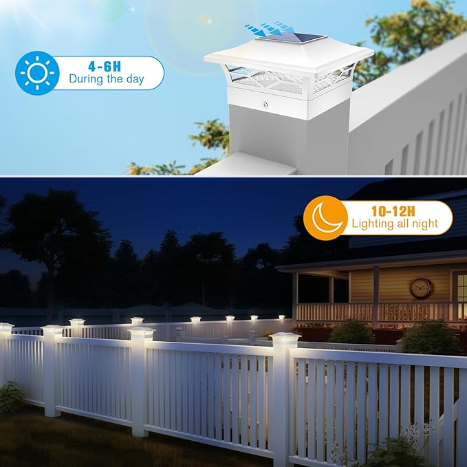 Solar Fence Post Lights 6pack, Cap Lights for 4x4/5x5 Vinyl Fence and 4x4/6x6 Wooden Post, Warm White/Cool White Lighting, White Solar Cap Outdoor Waterproof Decorate Garden Pathway Dcek Patio