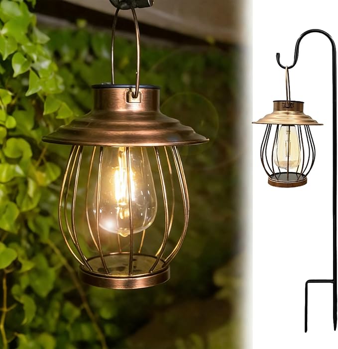 Solar Lanterns Outdoor Waterproof - Outdoor Hanging Lantern with Shepherds Hook, Christmas Halloween Housewarming Gifts for Women Mom Grandma, Lanterns Decorative Outdoor for Yard Patio Backyard Porch