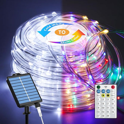 ICRGB Solar Lights Outdoor, 66FT 200LED 1800mah Solar Rope Lights with Remote, Type C, 19 Modes and Timer, IP67 Waterproof for Outdoor Christmas Pool Patio Porch Tree Wedding, Cool White to Multicolor