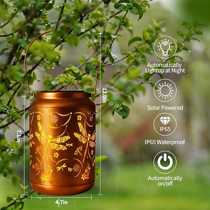 2-Pack Dragonfly Solar Lanterns Outdoor,Metal Hanging Solar Lights with Dragonfly Projection-Waterproof Garden Decor for Yard,Patio,Backyard,Porch-Gifts for Women,Mom,Grandma,Sister