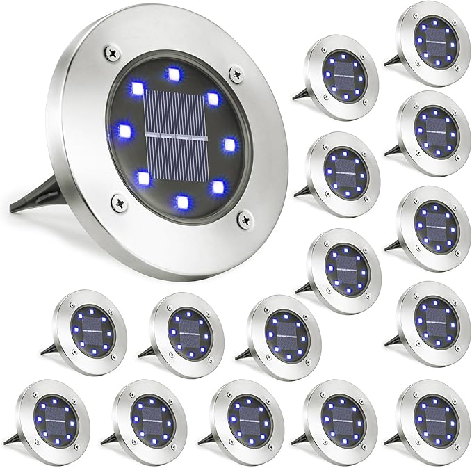 16-Pack Blue In-Ground Solar Lights, Flat LED Landscape