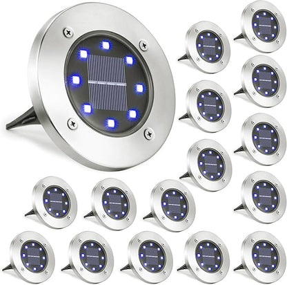 LYHOPE Solar Ground Lights Outdoor, 16 Pack 8 LED Solar Disk Lights Waterproof Garden In-ground Pathway Lights Landscape Lighting for Lawn,Yard,Deck,Patio,Walkway (Blue)