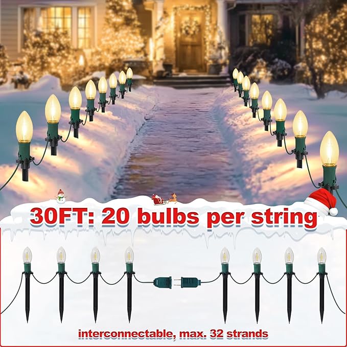30Ft C9 Led 20 Bulbs Christmas Pathway Lights Outdoor, Warm White Led Bulbs Waterproof Connectable Christmas Walkway Lights with Stakes for Yard Lawn Sidewalk Driveway, Christmas Decorations