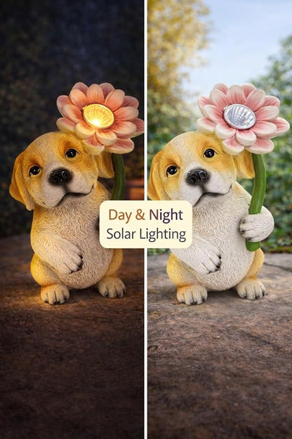 Set of 3 Solar Animal Garden Lights – Resin Bunny, Cat & Dog Figurines with Warm LED Flower, Solar Powered Outdoor Décor for Garden, Patio, Yard, Balcony (Puppy/Kitten/Rabbit)