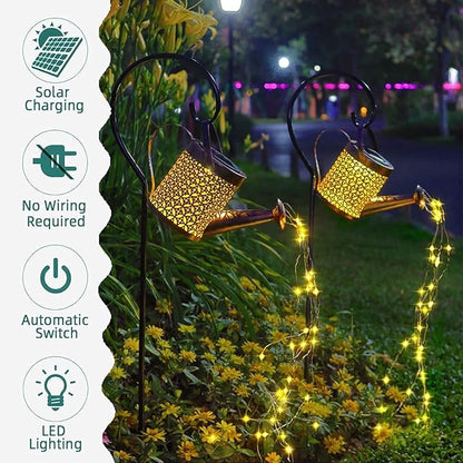 HUYIENO 2Pack Solar Garden Lights Outdoor Hanging Solar Lantern Watering Cans with Shepherd Hook for Patio Yard Lawn Decorations Warm LEDs
