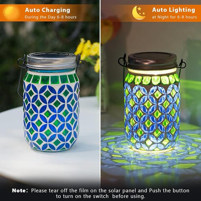 Stargarden 4 Pack Mosaic Solar Lantern , Outdoor Hanging Lantern Waterproof Table Lamp Mosaic Night Light for Tree, Garden, Patio, Yard, Outdoor(Blue Green)