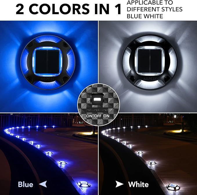 AGPTEK Solar Driveway Lights Outdoor 4 Pack, 2 Color Modes LED Deck Dock Marine Waterproof Security Marker Lights for Step Sidewalk Stair Garden Pathway Walkway Yard(Blue Light/Cool White, Black)