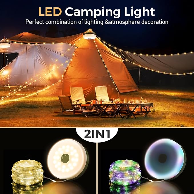 Camping String Lights, Camping Essentials Quick Storage 32.8FT Rechargeable Camping Lights String with 8 Modes, Hanging Waterproof Portable LED Lamp for Outdoor Patio Awning Garden Party Essentials