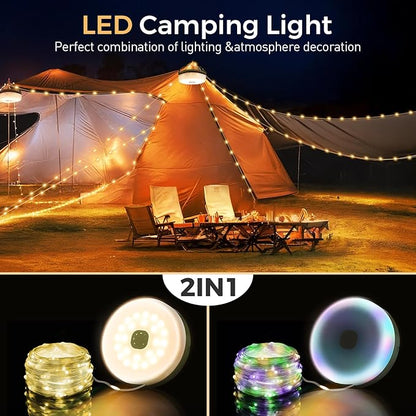 Camping String Lights, Camping Essentials Quick Storage 32.8FT Rechargeable Camping Lights String with 8 Modes, Hanging Waterproof Portable LED Lamp for Outdoor Patio Awning Garden Party Essentials