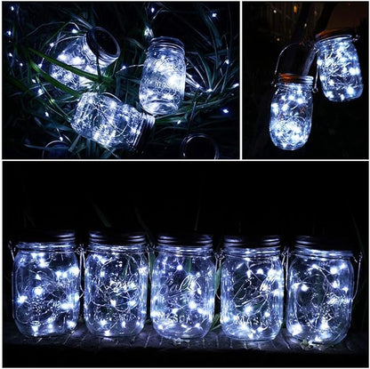 Solar Mason Jar Lights, 8 Pack 15 LED Waterproof Fairy Firefly Jar Lids String Lights with Hangers(NO Jars), Patio Yard Garden Wedding Easter Decoration - Cool White