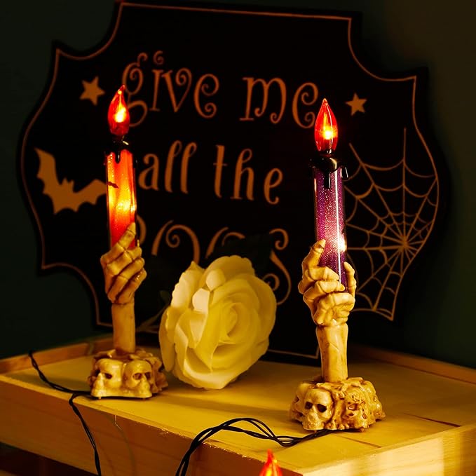 Halloween Candle Light Stakes, 5 Pack Skeleton Hands Hold Lighted Candle Pathway Makers, Waterproof Battery Operated with Timer, Light Up Figurine for Indoor Outdoor Holiday Party