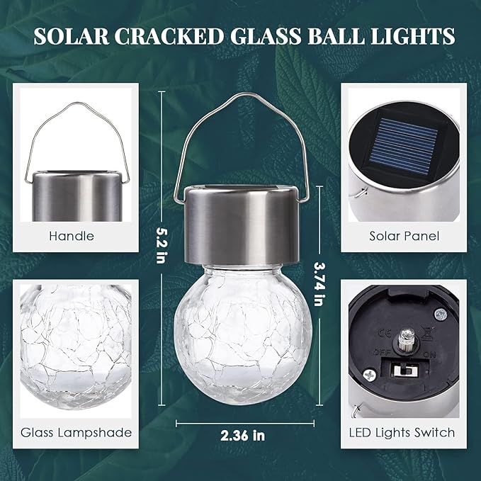 SOLPEX Hanging Solar Lights Outdoor, 8 Pack Decorative Cracked Glass Ball Light, Solar Powered Waterproof Globe Lighting, Hanging Globe Solar Lights for Garden, Yard, Patio, Lawn, Flower Bed