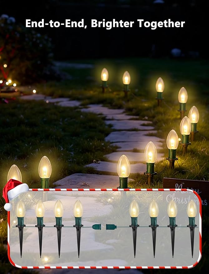 Christmas Pathway Lights Outdoor,38FT 25 Pcs Warm White Extendable Waterproof Walkway Lights with C9 Clear Bulbs and Stakes for Outdoor Yard Porch Driveway Backyard Christmas Decorations