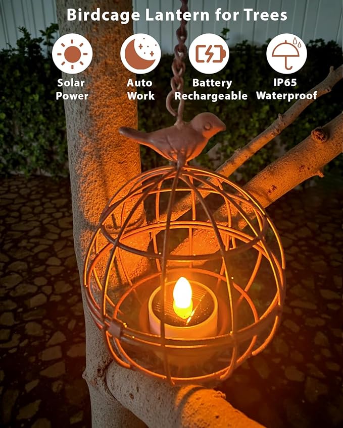 Outdoor Solar Hanging Lantern Lights, 4 Pack Rustic Ball Birdcage Hanging Candle Holder with Solar Tea Lights, Waterproof Chandelier for Patio, Backyard, Pergola, Tree Decor (Dark Orange)