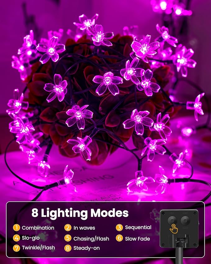 Brightown 2 Pack Total 52FT 120 LED Flower Solar String Lights Outdoor Waterproof Fairy Lights for Garden Yard Fence Patio Christmas Tree Wedding Party Decor, Pink