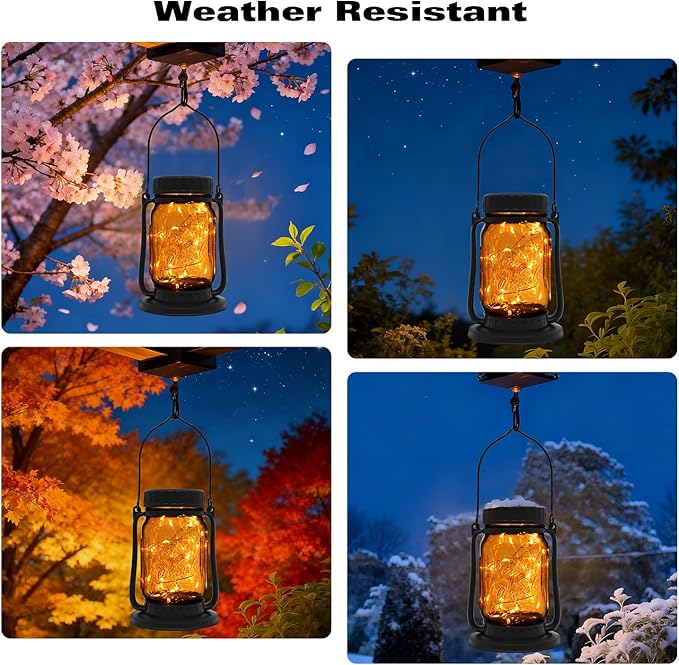 Solar Mason Jar Lantern Outdoor Waterproof, Hanging Solar Lantern Lights for Outside, Fairy Glass Decorative Lantern for Yard Patio Garden Porch Table Wedding, 2 Pack