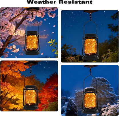 Solar Mason Jar Lantern Outdoor Waterproof, Hanging Solar Lantern Lights for Outside, Fairy Glass Decorative Lantern for Yard Patio Garden Porch Table Wedding, 2 Pack