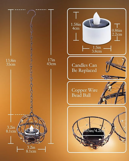 Homemory Solar Tea Lights Outdoor Waterproof Hanging Lanterns, Beaded Copper Wire Ball Holders with Solar Powered Tea Lights Candles, Ideal for Patio, Garden, Backyard, Pergola, Tree, Fence, 4-Pack