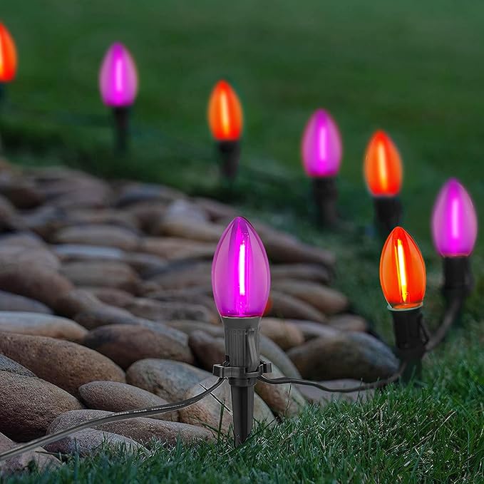 C9 Outdoor Halloween Pathway Lights, 19.5Ft 10 C9 LED Orange Purple Halloween Pathway Marker Stakes Light, Outdoor Walkway Lights Waterproof for Driveway Lawn Yard Sidewalk Garden