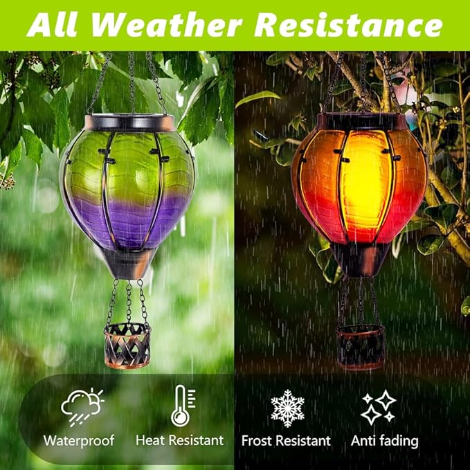 Gradient Hot Air Balloon Solar Lanterns Outdoor Waterproof,Gradient Glass Solar Hanging Hot Air Balloon Lantern with Flame Flickering Lights for Patio,Porch,Yard Decor