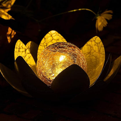 Huaxu Solar Lights Outdoor Garden Decor, Amber Crackle Globe Glass Lotus Decoration,Waterproof Gray Metal Flower Light for Patio,Lawn,Walkway,Tabletop,Ground