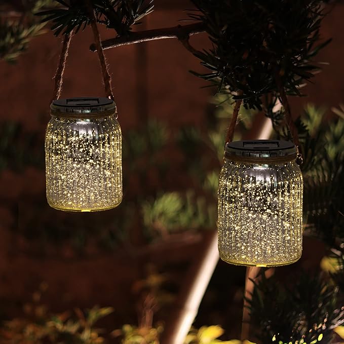 Hanging Solar Lantern Outdoor,Solar Lights Mercury Mason Jar Glass Hanging Lights with 20 LED Waterproof for Tree, Table, Yard, Garden, Patio, Holiday Party Outdoor Decor,2 Pack