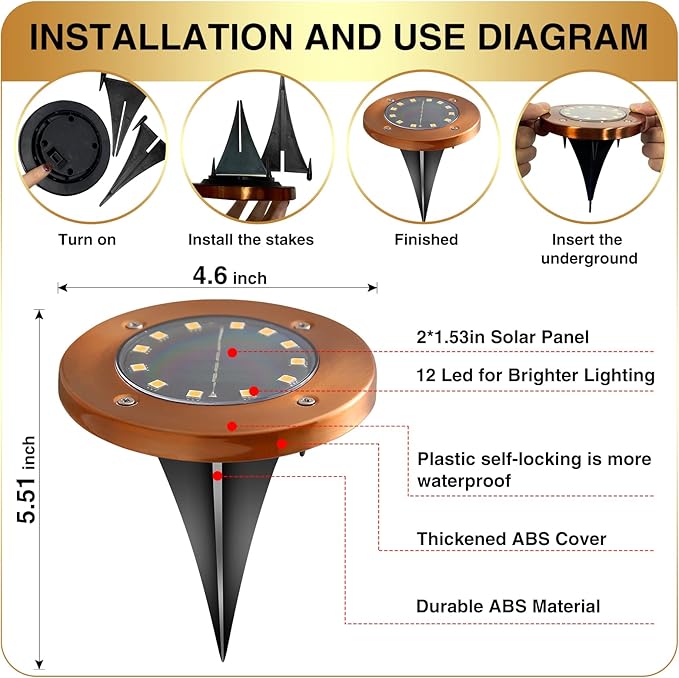 Solar Flat Disk Lights 8-Pack, Waterproof Garden