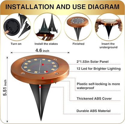 Outdoor In-Ground Lights Solar Disc Lights Outdoor Solar Garden Lights In Ground Solar Landscape Light 8 Pack 12 led for Pathway Yard Patio Walkway(Bronze, 8 Pack)