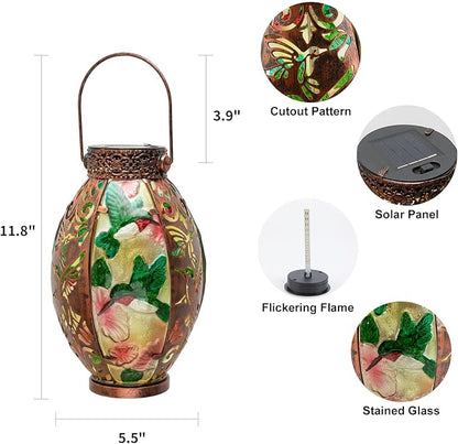 Hanging Solar Lantern Outdoor Waterproof Glass Solar Hummingbird Flickering Flame LED Garden Light Metal Hollowed-Out Table Lamp Garden Decoration for Yard Patio Pathway Tabletop Tree