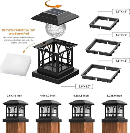 Fence Post Solar Lights, Crackle Glass Solar Post Cap Lights, 20 Lumens, Warm White & RGB Automatic Cycling 2 Modes for 3.6x3.6 4x4 4.5x4.5 5x5 Vinyl Wooden Posts Decoration, Black (2 Pack)