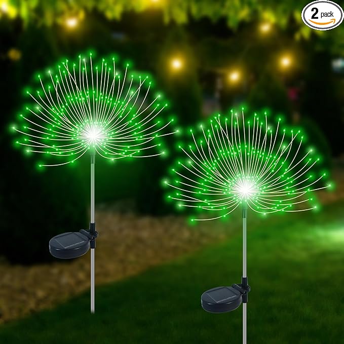 Solar Garden Lights Outdoor Waterproof, 2 Pack 120 LED Solar Firework Lights Decorative Garden Décor Outside for Flowerbed Pathway Party Christmas Decoration, Green