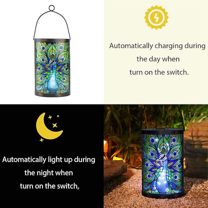 Afirst Solar Lantern Outdoor, Hanging Glass Peacock Solar Lights Waterproof Led Lamp for Garden Yard Tree Desk Decor
