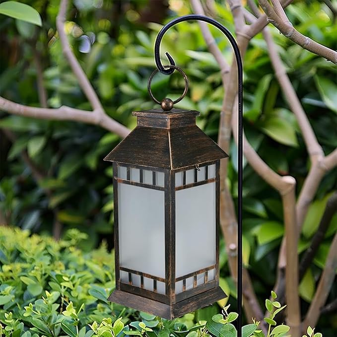 18'' Glass Solar Lantern Outdoor Waterproof, Large Hanging Solar Lanterns with Flickering Flame Lights, Metal Outdoor Lantern Decorative for Patio Garden Backyard Tabletop Mothers Day Gifts Mom