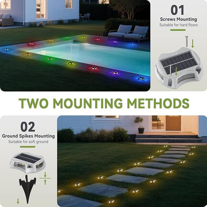 4Pack Solar Driveway Lights, Aluminum Alloy Solar Deck Light,IP68 Outdoor Waterproof Marine Dock Lights, Multi-Color LED Driveway Markers for Driveway Sidewalk Pathway[RGB/Fix-Color/Strobe]
