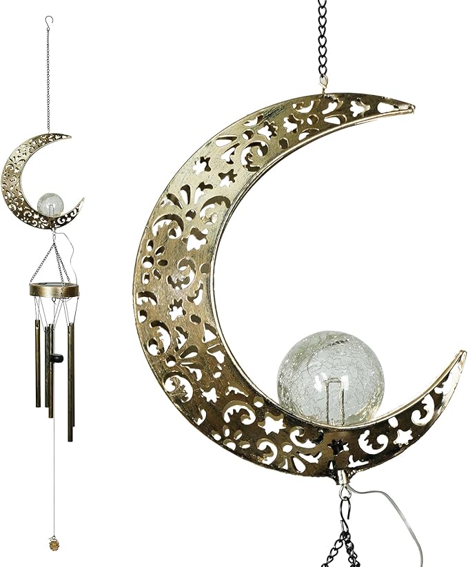 Ferrisland Solar Wind Chimes for Outside Clearance, Moon Windchimes Outdoors for Porch Patio with Crackle Glass Ball LED Light, Waterproof Metal Outdoor Hanging Decor for Women Wife Mom Grandma