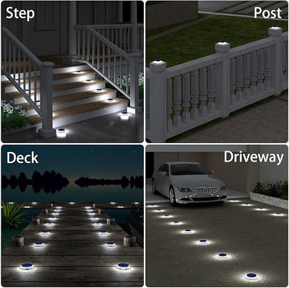 Solar Deck Lights Outdoor Waterproof, 6 Pack White Round Deck Lights Solar Powered, Flat Stick on Ground Disc Light for Outdoor Pathway Driveway Step Yard Dock Walkway Patio