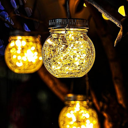 Cooo Crackle Glass Solar Lantern with 30 LED Firefly Lights– Landscape Lighting Path Lights, Anti-Rust Lids Decorative Lighting for Garden Patio Table (Hanging Crackle Lantern, 12)