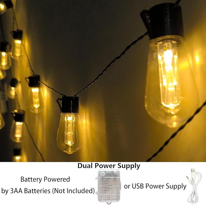 Battery Operated Outdoor Lights 22.8Ft 20 LED Edison Bulbs String Lights with 8 Modes & Timer, USB Plug in Fairy String Light for Indoor, Outdoor, Bedroom, Balcony, Patio, Camping, Christmas Decor