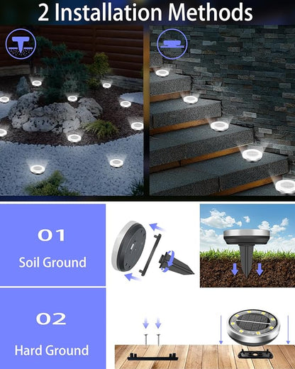 Solar Lights Outdoor Waterproof, 2 Pack 8 LED, Thickened Stainless Steel Ground Light, Solar Garden Lights Landscape Lighting for Patio Pathway Lawn Yard Deck Driveway Walkway, Cool White