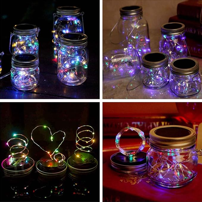 Solar Mason Jar Lights 6 Pack 20 Led Fairy Firefly Lights Mason Jar Lids String Lights with Hanger (Jars Not Included) Best for Mason Jar Outdoor Decor for Patio Garden Yard Lawn (Silver)