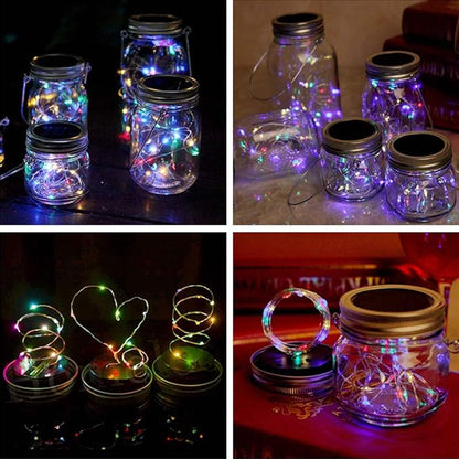 Solar Mason Jar Lights 6 Pack 20 Led Fairy Firefly Lights Mason Jar Lids String Lights with Hanger (Jars Not Included) Best for Mason Jar Outdoor Decor for Patio Garden Yard Lawn (Silver)