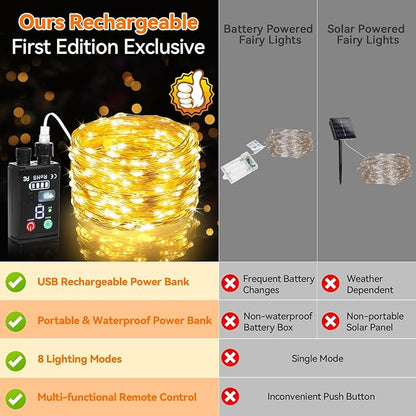 Lakumu 2-in-1 Rechargeable Fairy Lights Battery Operated, 132FT(2×66) Twinkle Lights with Remote & Timer, 400 LED String Lights for Bedroom Waterproof Outdoor Camping, Christmas Decorations Warm White