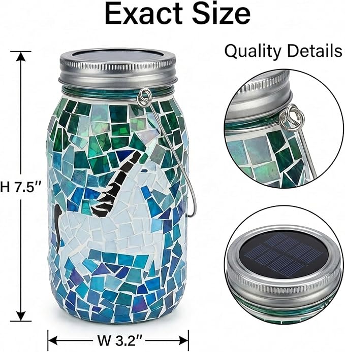 7.5" Large Mosaic Solar Lantern Outdoor: Gradient Emerald Azure Stained Glass Jar Decorative Silhouette Hanging Lights for Garden Patio Yard Artistic Glass Vase Table Lamp Gifts for Women