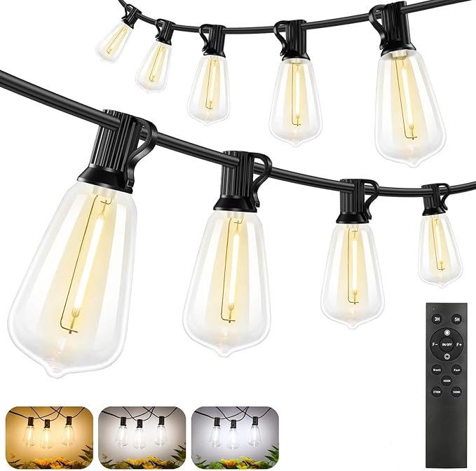 Brightever 3 Color in 1 Outdoor String Lights with Remote, 150FT LED String Lights for Outside with 47 ST38 Vintage LED Bulbs, Waterproof IP65 Outdoor Light for Patio, Bistro, 2700K/4000K/5000K