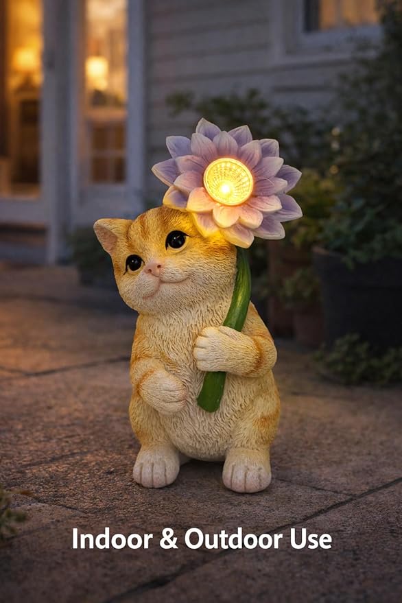 Solar Cat Garden Statue with LED Flower for Mom Woman – 6.5‘’ Hand-Painted Resin Outdoor Kitten Figurine, Automatic Night Light, Yard Patio Lawn Decor (Kitten)