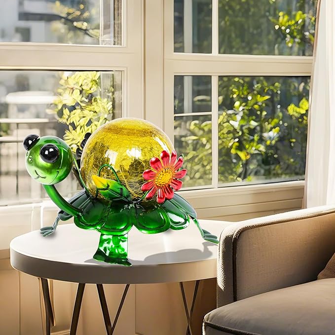 MUMTOP Solar Lanterns Outdoor Waterproof - Colorful Metal Turtle Solar Lights Decorative, Glass Tortoise Light Tabletop Lantern Lamp Ornaments for Yard Patio Garden Outside Decorations