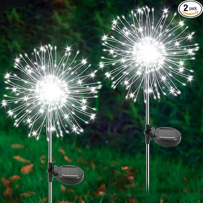 Solar Garden Lights Outdoor, 2 Pack 120 LED Twinkling Firework Lights Decorative with 2 Modes, Outdoor Waterproof Solar Starburst Light for Outside Yard Pathway Garden Decor, White