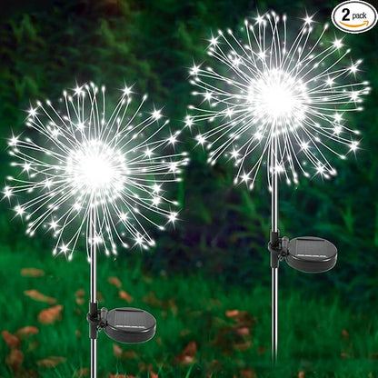 Solar Garden Lights Outdoor, 2 Pack 120 LED Twinkling Firework Lights Decorative with 2 Modes, Outdoor Waterproof Solar Starburst Light for Outside Yard Pathway Garden Decor, White